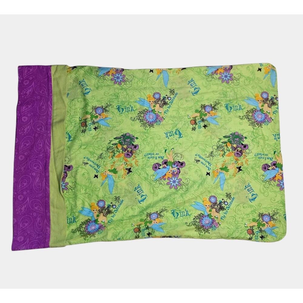 1Tinkerbell Pillowcase Standard 20x29 Fairy Tink Pixie Dust Flowers Green Purple